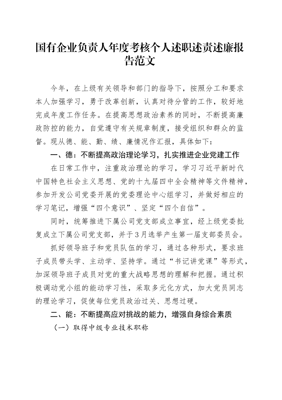 国有企业负责人年度考核个人述职述责述廉报告德能勤绩廉总结汇报_第1页