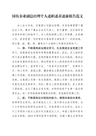 国有企业副总经理个人述职述责述廉报告公司德能勤绩廉工作汇报总结