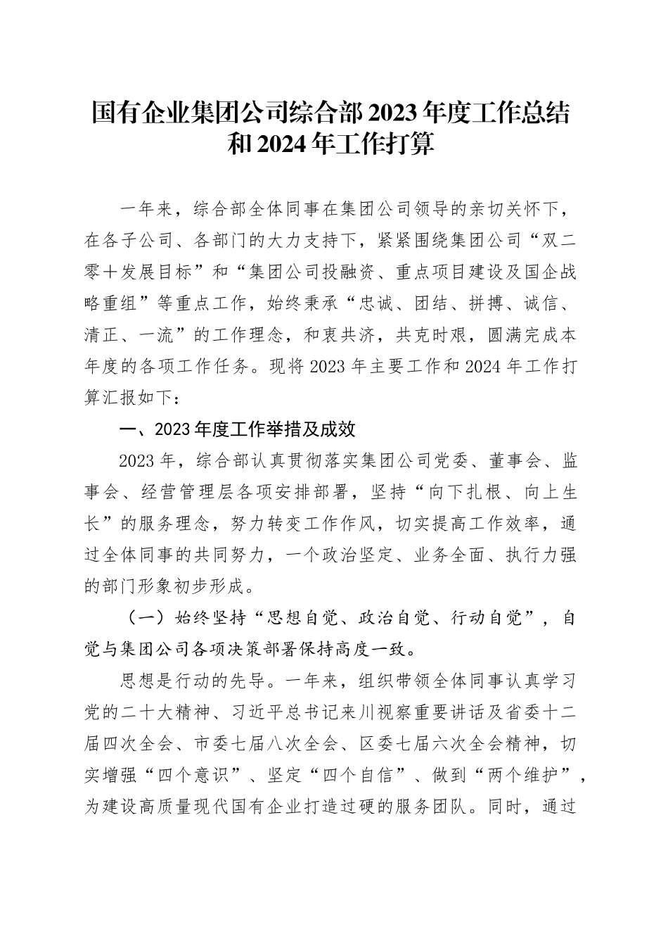 国有企业集团公司综合部2023年度工作总结和2024年工作打算_第1页