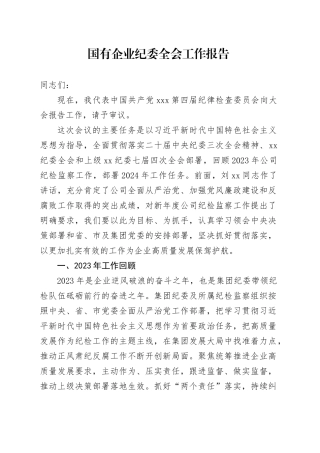 国有企业纪委全会工作报告