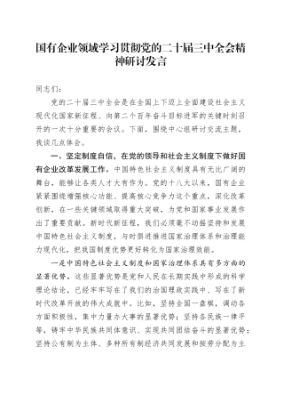 国有企业领域学习贯彻党的二十届三中全会精神研讨发言