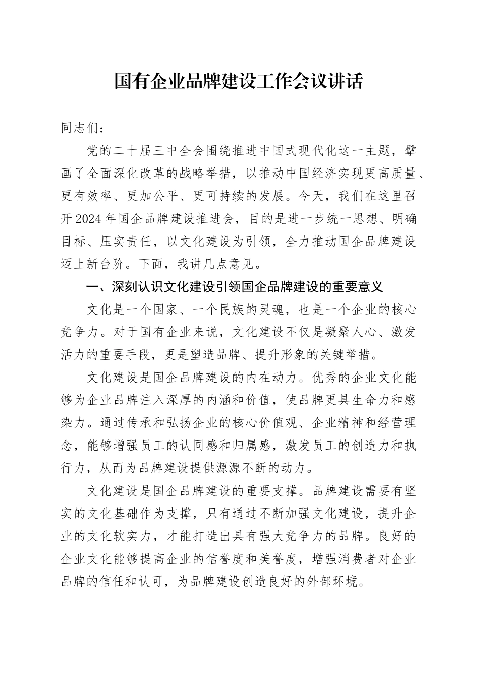 国有企业品牌建设工作会议讲话公司20240925_第1页