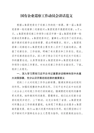 国有企业巡察工作动员会讲话20240424