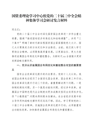 国资委理论学习中心组党的二十届三中全会精神集体学习会研讨发言材料心得体会20240911