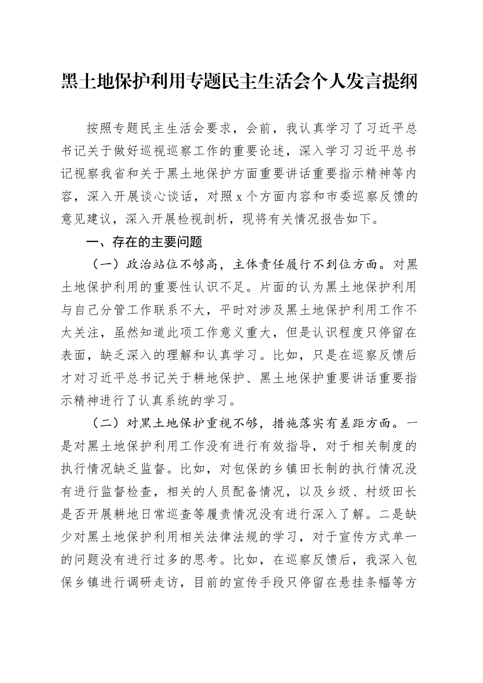 黑土地保护利用专题民主生活会个人发言提纲_第1页