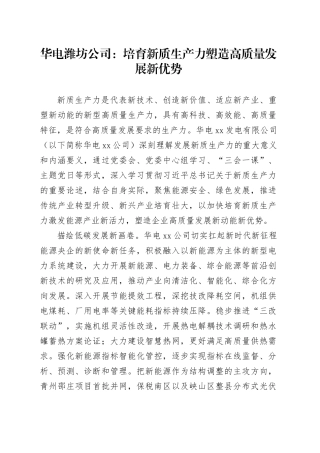 华电潍坊公司：培育新质生产力 塑造高质量发展新优势