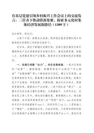 基层党建引领乡村振兴工作会议上的交流发言（1389字）