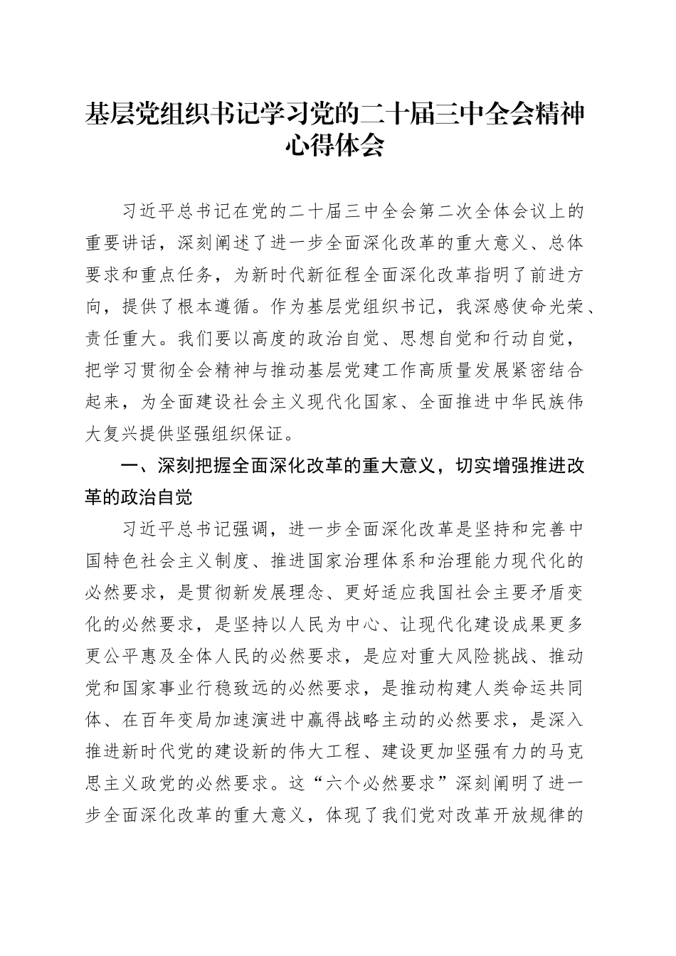 基层党组织书记学习党的二十届三中全会精神心得体会20241009_第1页