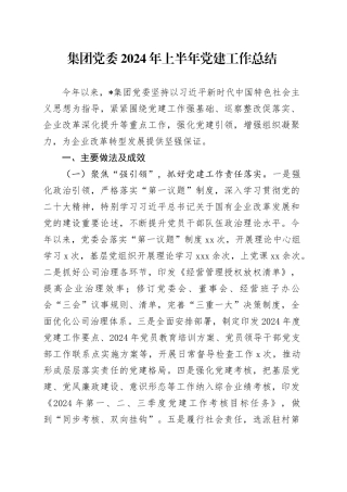 集团党委2024年上半年党建工作总结汇报报告公司20240814