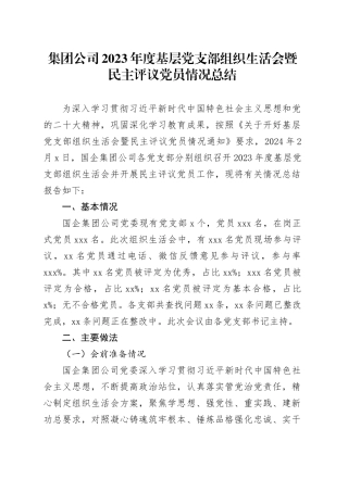 集团公司2023年度基层党支部组织生活会暨民主评议党员情况总结
