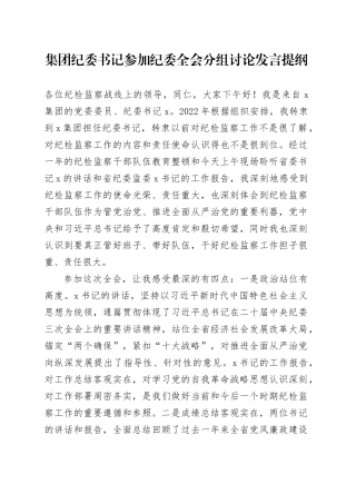 集团纪委书记参加纪委全会分组讨论发言提纲