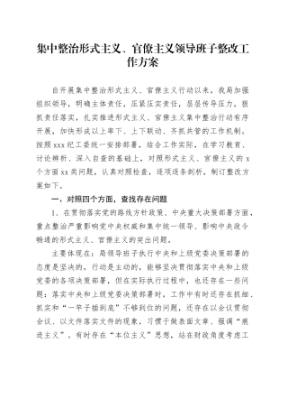 集中整治形式主义、官僚主义领导班子整改工作方案