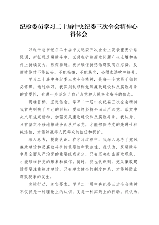 纪检委员学习二十届中央纪委三次全会精神心得体会