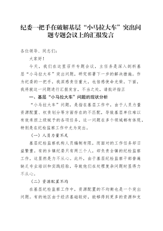 纪委一把手在破解基层“小马拉大车”突出问题专题会议上的汇报发言