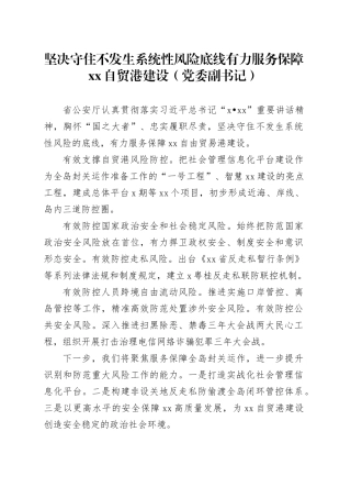 坚决守住不发生系统性风险底线有力服务保障xx自贸港建设（党委副书记）