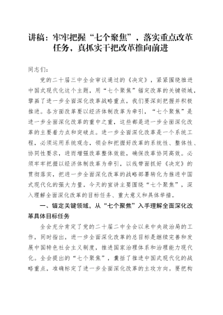 讲稿：牢牢把握“七个聚焦”，落实重点改革任务，真抓实干把改革推向前进