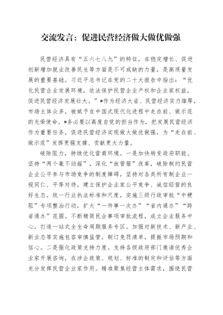 交流发言：促进民营经济做大做优做强