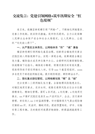 交流发言：党建引领网格+ 筑牢汛期安全“红色堤坝”