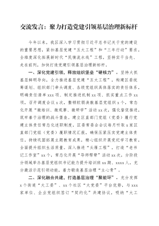 交流发言：聚力打造党建引领基层治理新标杆