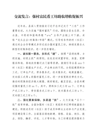 交流发言：强村富民看工坊 助农增收促振兴
