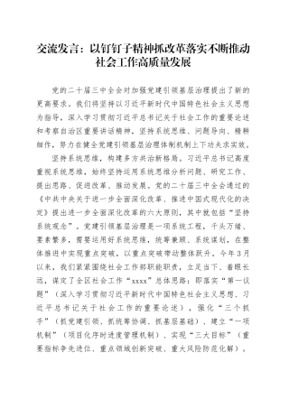 交流发言：以钉钉子精神抓改革落实不断推动社会工作高质量发展