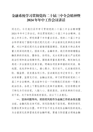 金融系统学习贯彻党的二十届三中全会精神暨2024年年中工作会议讲话20240807