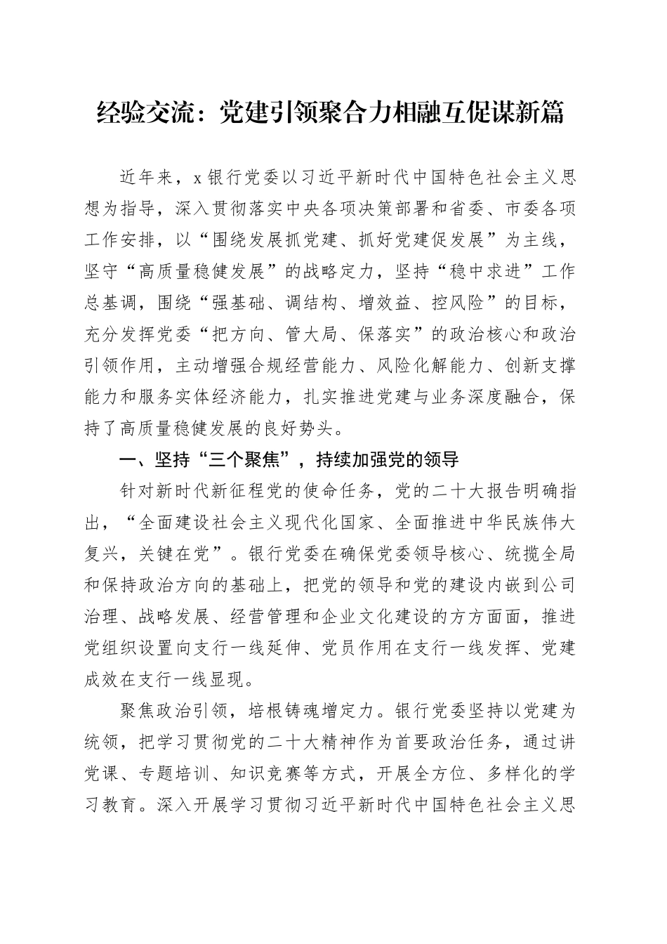 经验交流： 党建引领聚合力 相融互促谋新篇_第1页