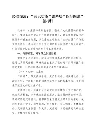 经验交流：＂两大功能＂强基层 ＂四好四强＂创标杆