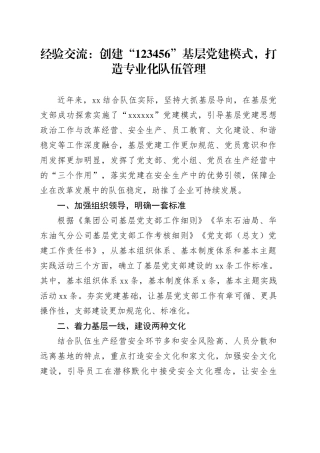 经验交流：创建“123456”基层党建模式，打造专业化队伍管理