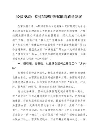 经验交流：党建品牌矩阵赋能高质量发展