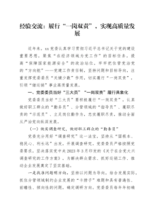 经验交流：履行“一岗双责”，实现高质量发展（发言）