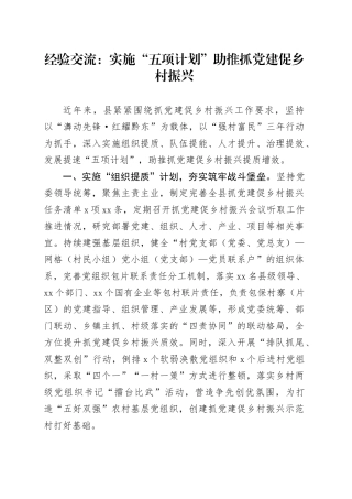 经验交流：实施“五项计划”助推抓党建促乡村振兴