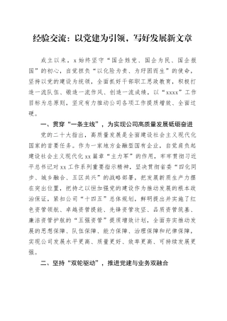 经验交流：以党建为引领，写好发展新文章