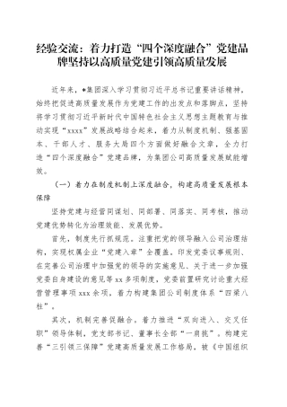 经验交流：着力打造“四个深度融合”党建品牌 坚持以高质量党建引领高质量发展