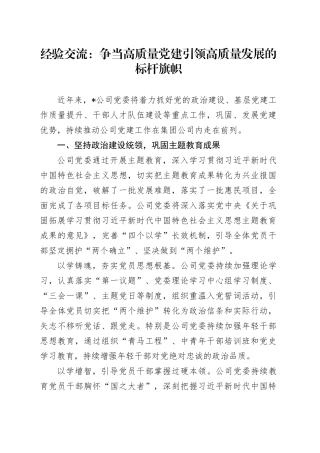 经验交流：争当高质量党建引领高质量发展的标杆旗帜