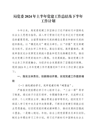 局党委2024年上半年党建工作总结及下半年工作计划20240717