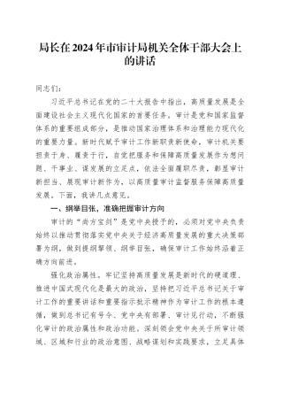 局长在2024年市审计局机关全体干部大会上的讲话