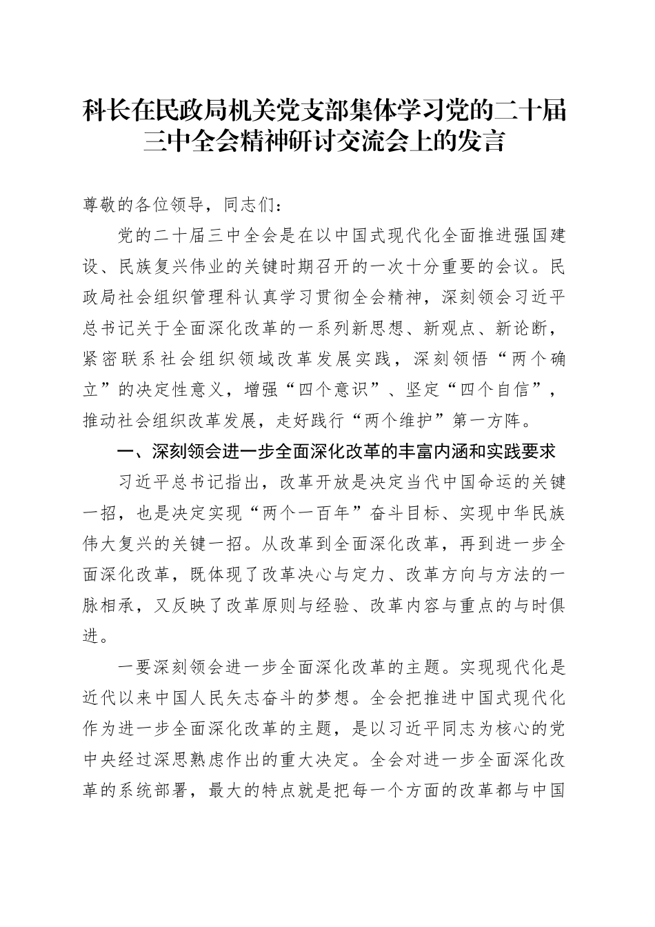 科长在民政局机关党支部集体学习党的二十届三中全会精神研讨交流会上的发言_第1页