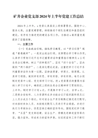 矿井企业党支部2024年上半年党建工作总结