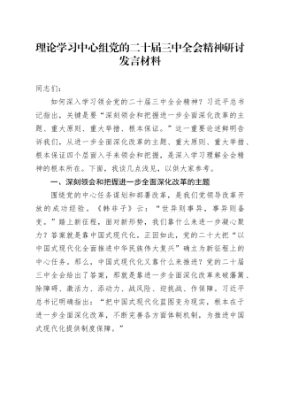 理论学习中心组党的二十届三中全会精神研讨发言材料心得体会交流讲话20241009
