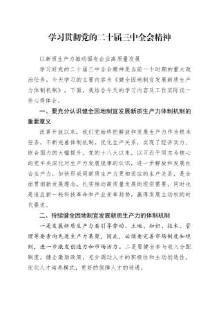 理论中心组学习发言材料-学习贯彻党的二十届三中全会精神 以新质生产力推动国有企业高质量发展
