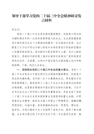 领导干部学习党的二十届三中全会精神研讨发言材料心得体会20241023