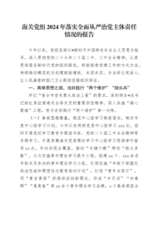 落实全面从严治党主体责任情况总结报告（海关3100字）