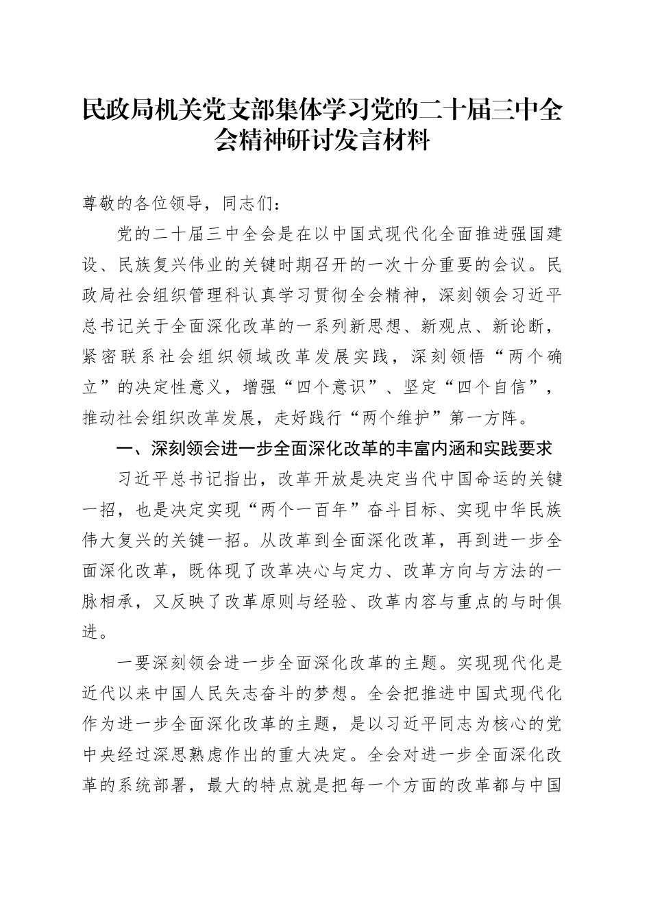 民政局机关党支部集体学习党的二十届三中全会精神研讨发言材料心得体会交流讲话20240911_第1页