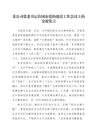 某公司党委书记在国企党的建设工作会议上的交流发言