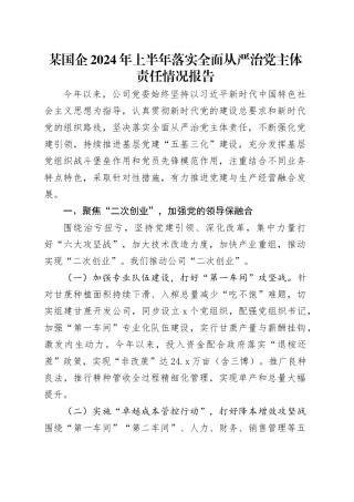 某国企2024年上半年落实全面从严治党主体责任情况报告