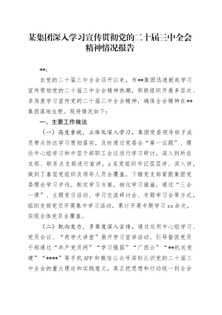 某集团深入学习宣传贯彻党的二十届三中全会精神情况报告