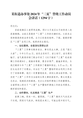 某街道办事处2024年“三夏”禁烧工作动员会讲话（1294字）