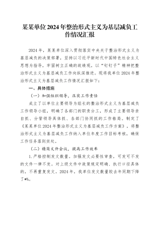 某某单位2024 年整治形式主义为基层减负工作情况汇报