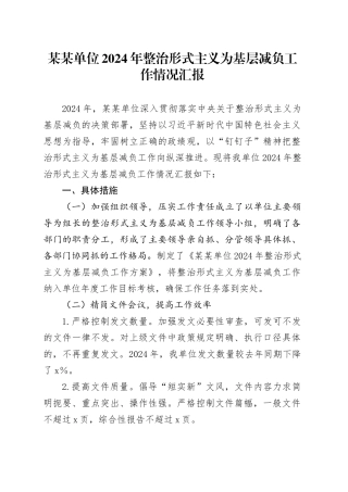 某某单位2024年整治形式主义为基层减负工作情况汇报